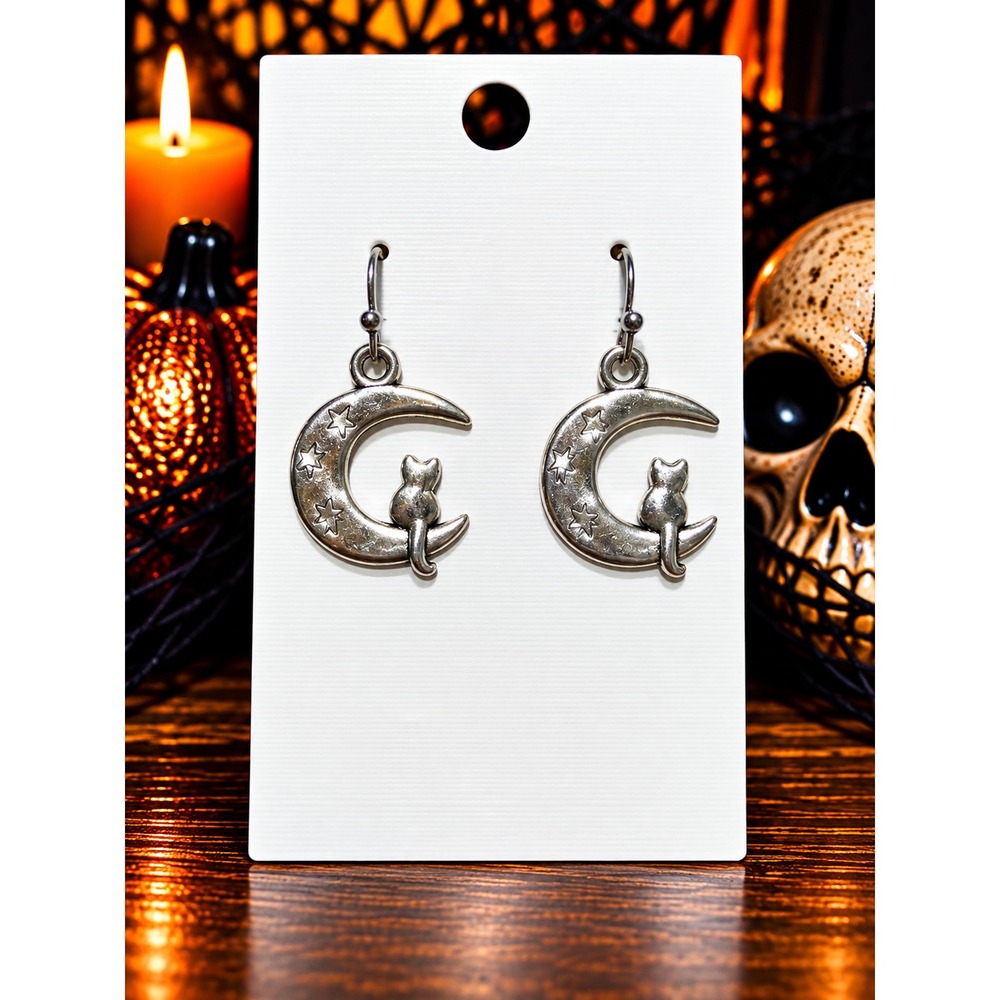 Cat Crescent Moon Earrings Silver Celestial Halloween Witchy Dangle Jewelry